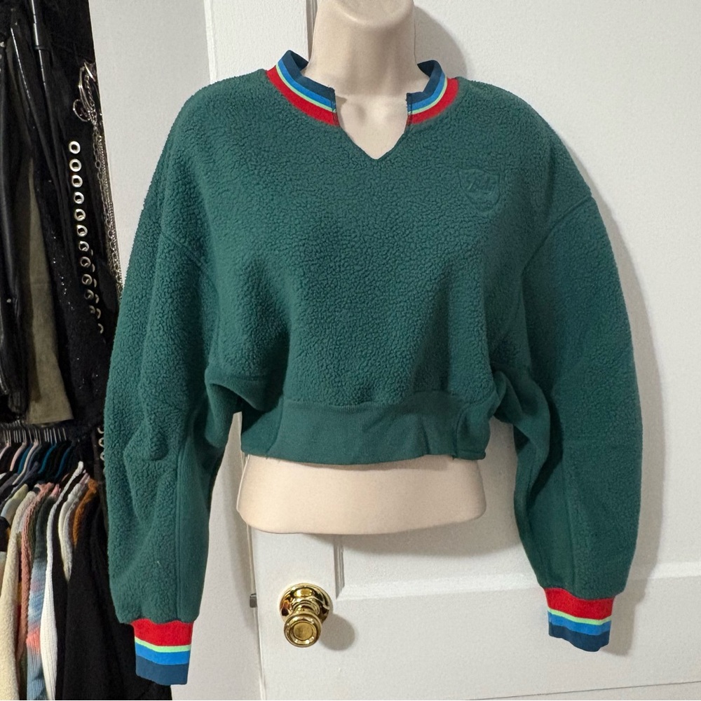 BDG Teal Sweater with Multicolor Trim Green Blue Preppy Retro Grunge Fuzzy
